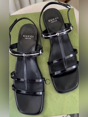 Gucci Black Patent Leather Silver Horsebit Divine Cage Flate Sandals (Size 38.5)